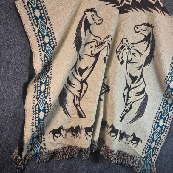 Southwestern Horse Hooded Poncho Blanket Shawl Fringe Cape Western Aztec Boho - Picture 13 of 16